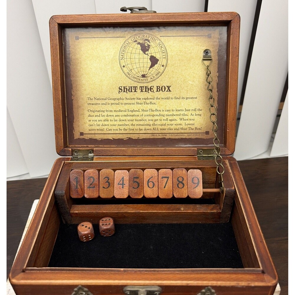 National Geographic Shut The Box Wooden Dice Game Case Black Felt Lined Tray